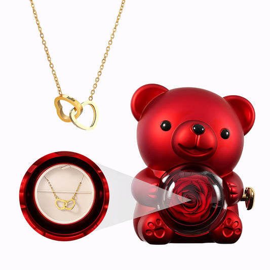 Caja de Osito con Rosa Eterna - Collar con Corazones Grabados