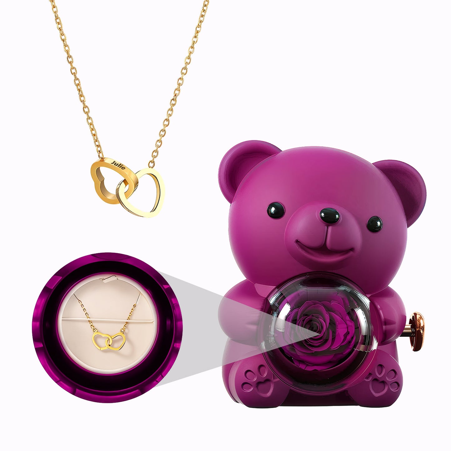 Caja de Osito con Rosa Eterna - Collar con Corazones Grabados