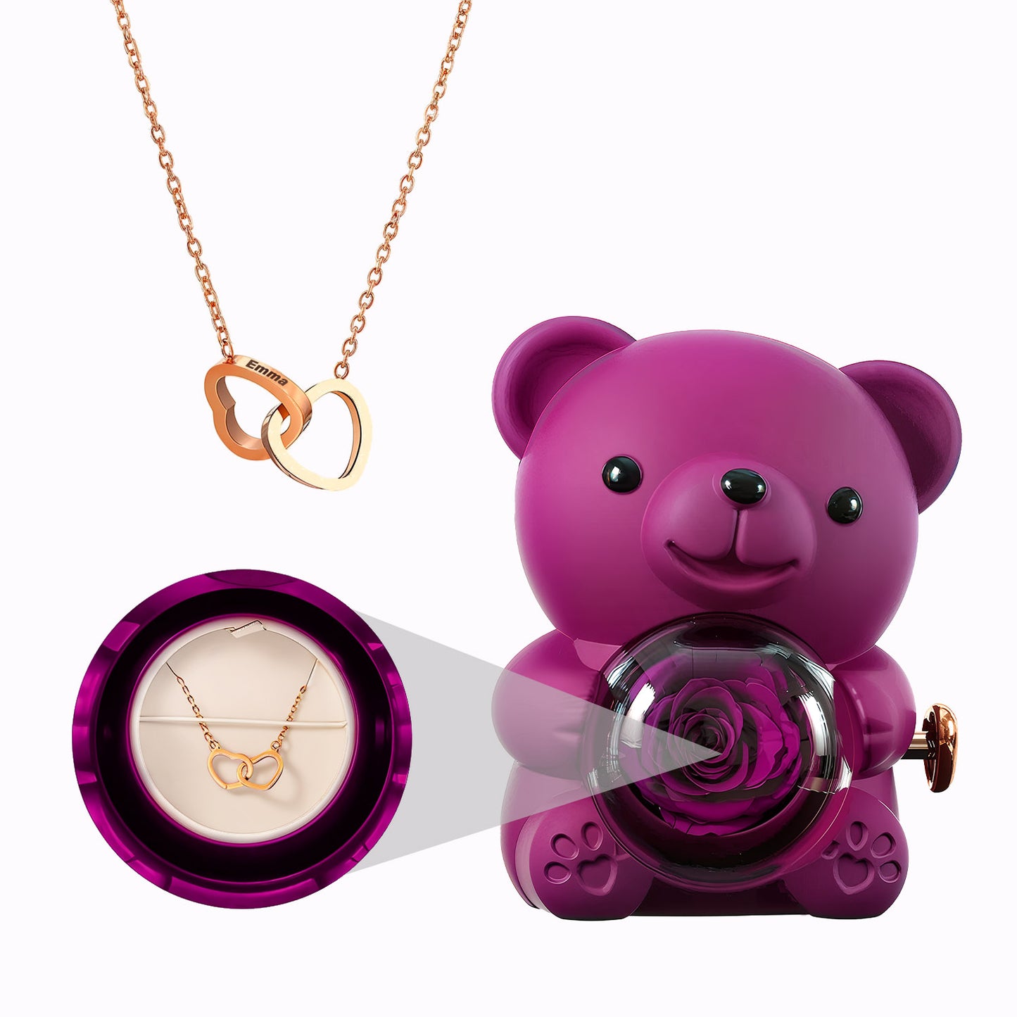 Caja de Osito con Rosa Eterna - Collar con Corazones Grabados