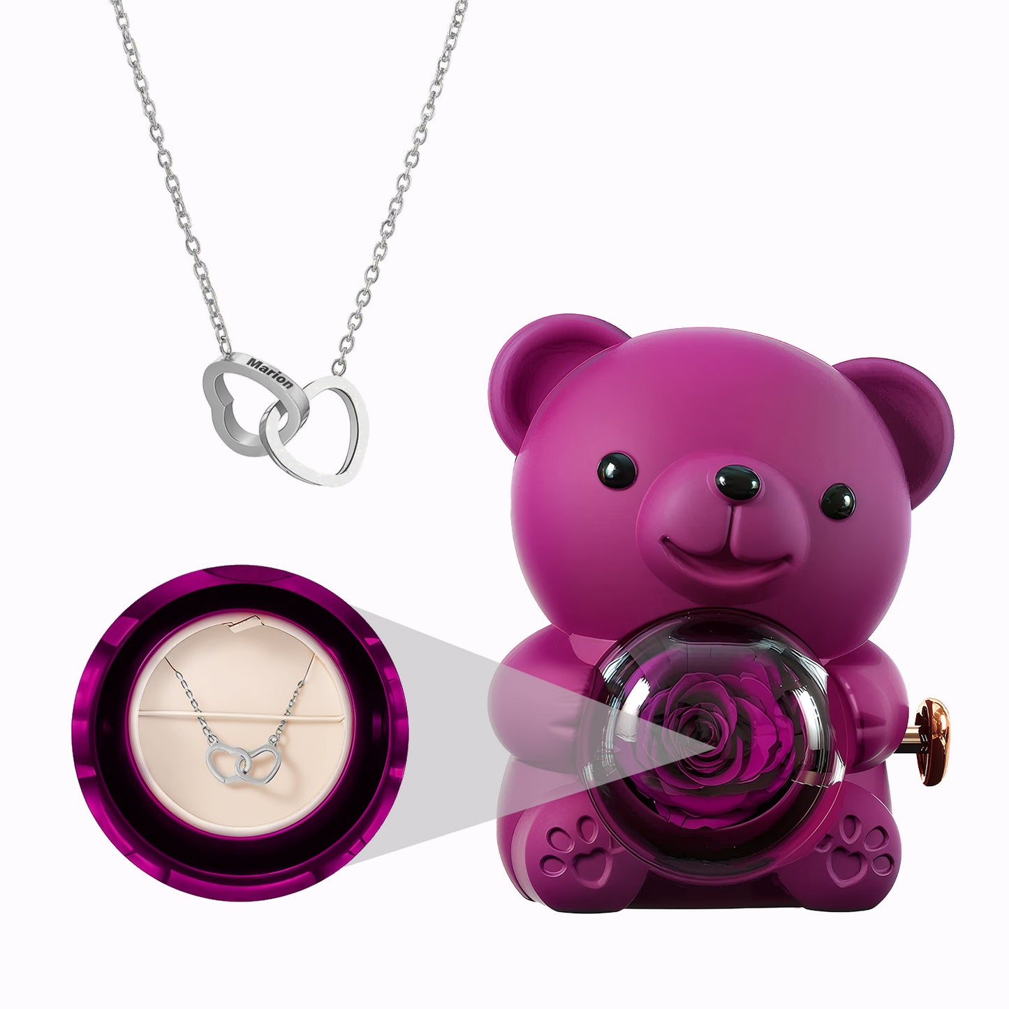 Caja de Osito con Rosa Eterna - Collar con Corazones Grabados