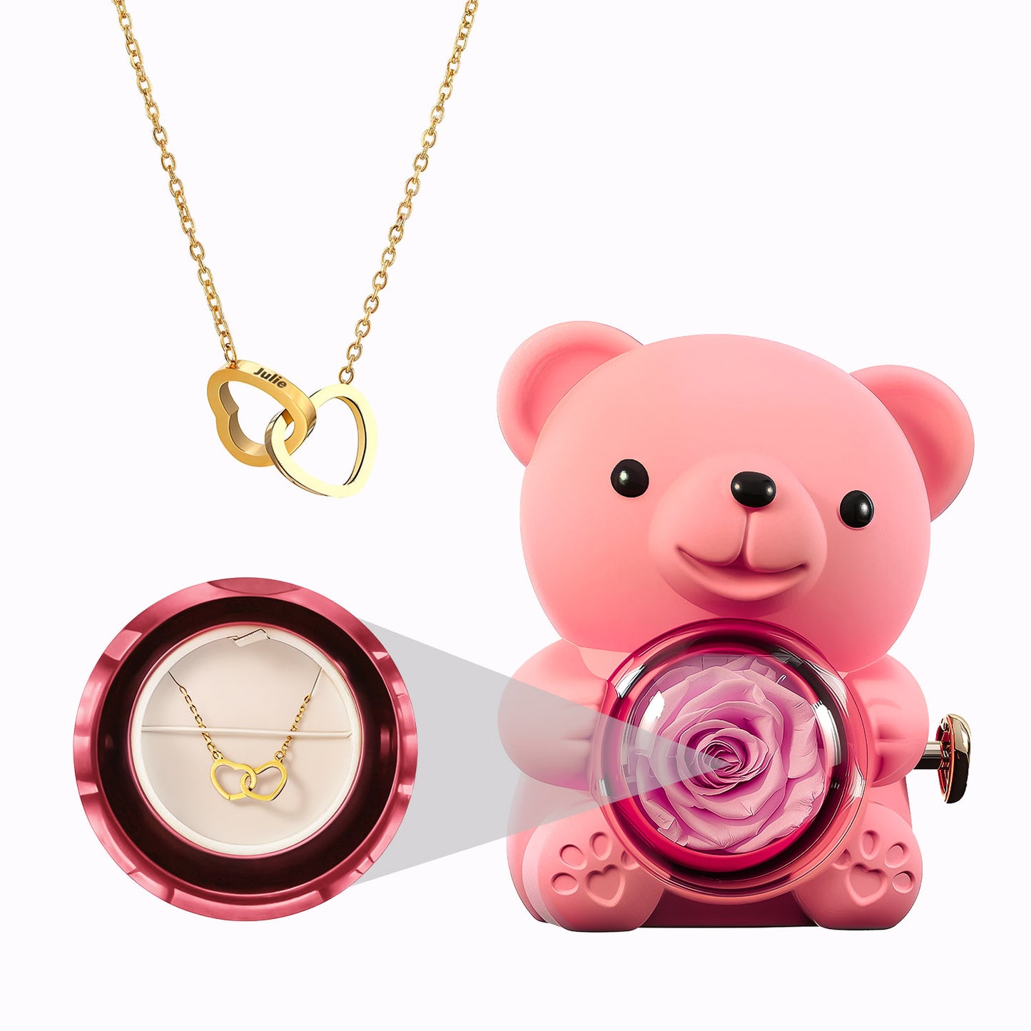 Caja de Osito con Rosa Eterna - Collar con Corazones Grabados