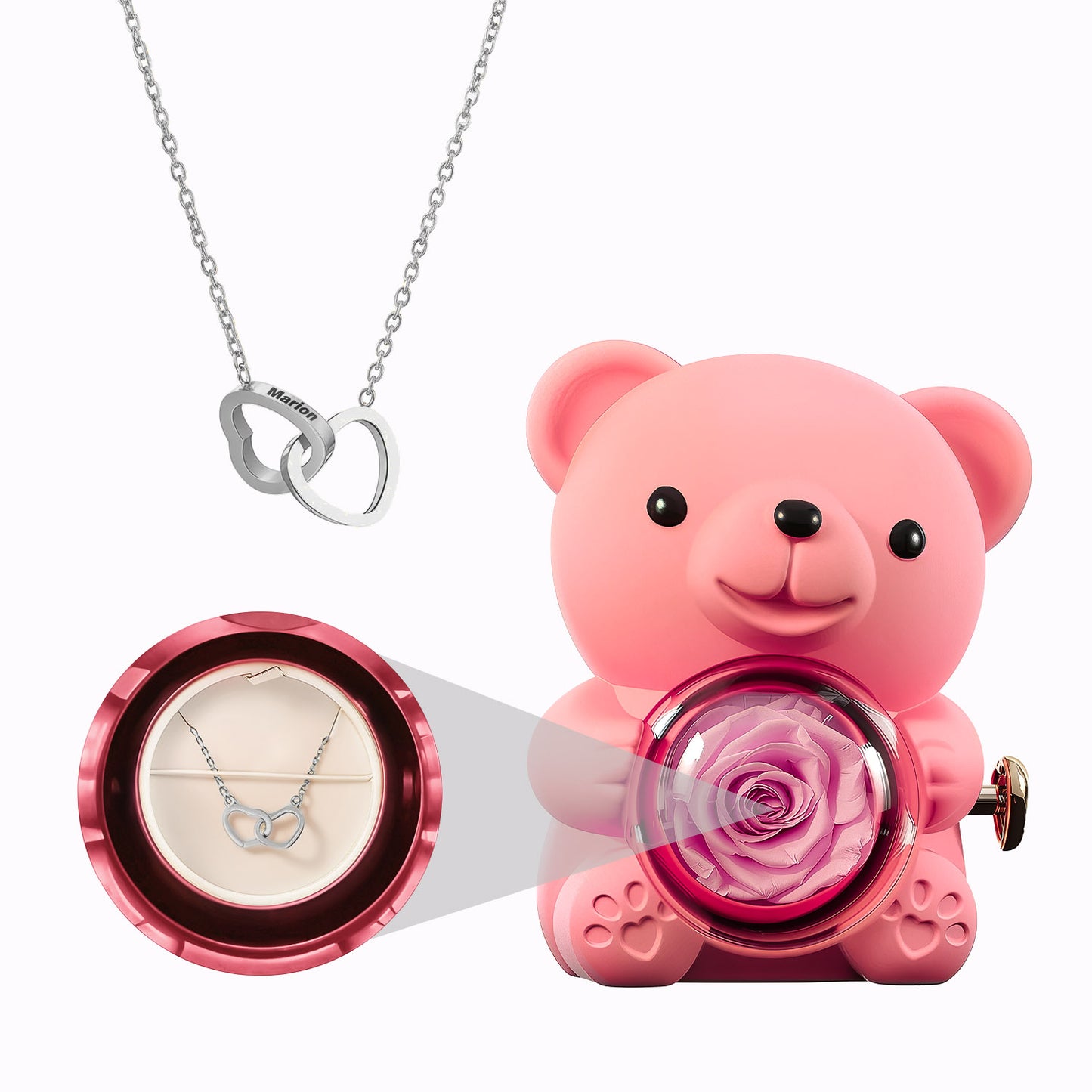 Caja de Osito con Rosa Eterna - Collar con Corazones Grabados